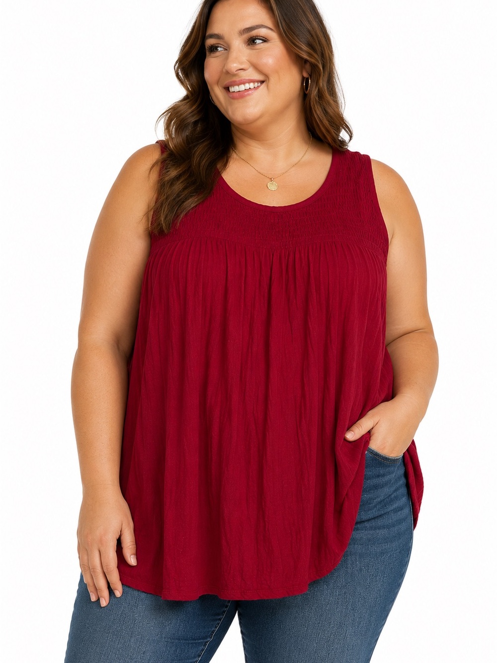 Falls Creek Sleeveless Smocked Tunic Top Plus Size Wine